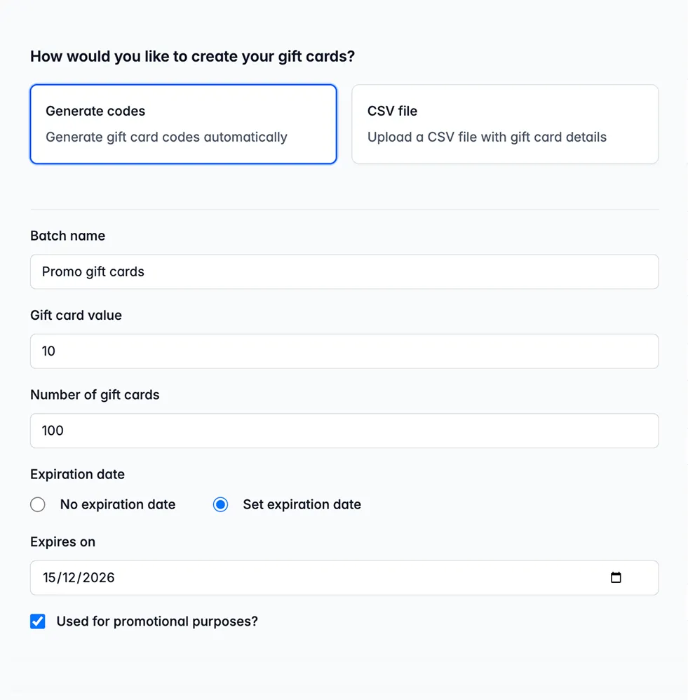 Create bulk gift cards