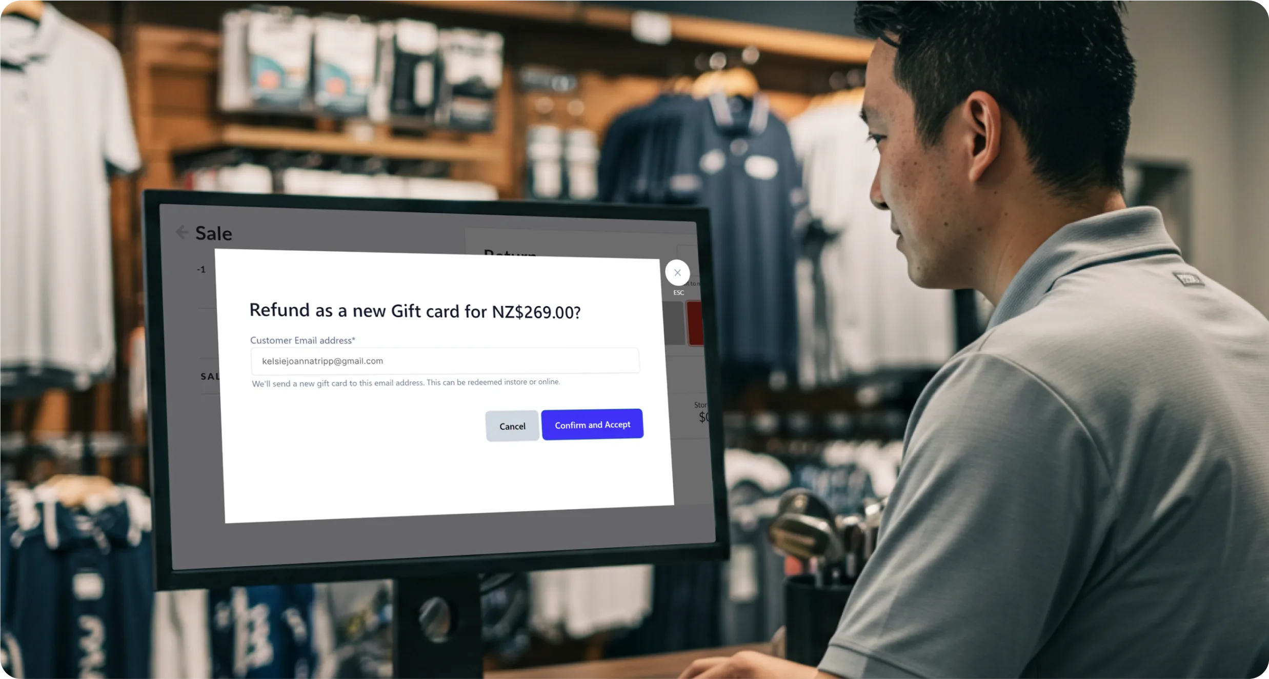 Golf pro shop processing refund to store credit gift card via Wrapped in POS